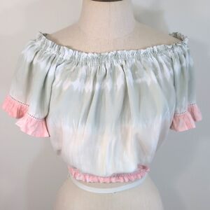 Ocean Drive rayon pastel tie-dye, off the shoulder crop top w ruffles. Medium